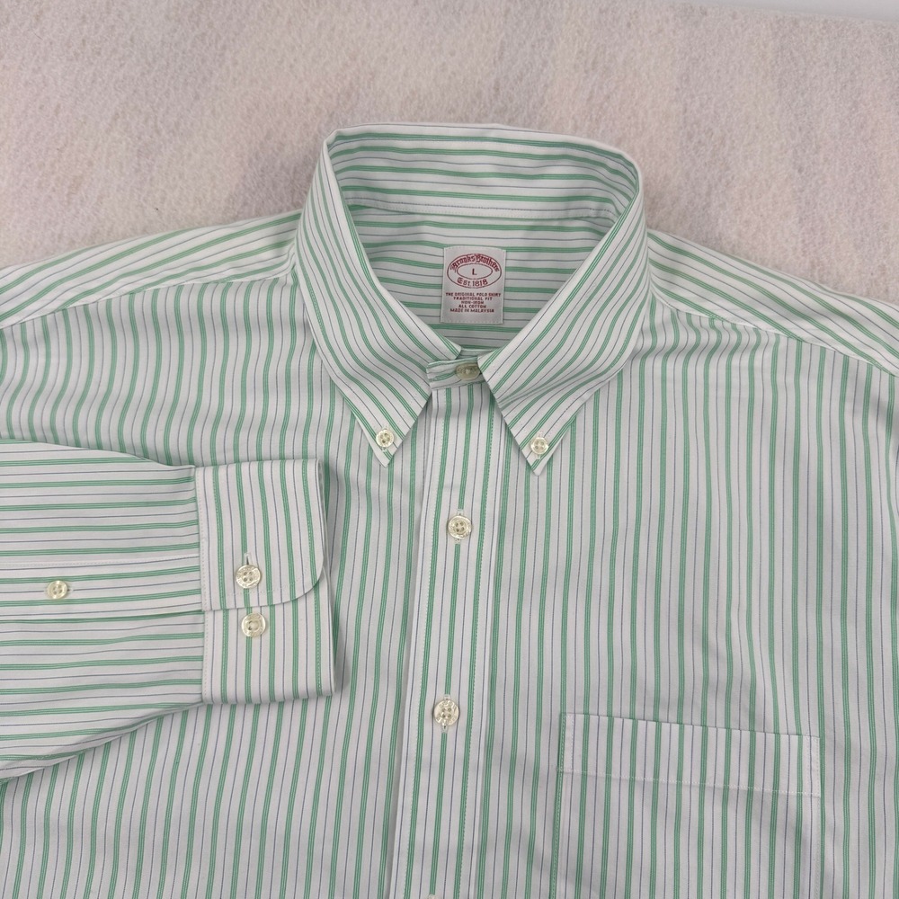 Brooks Brothers Traditional Fit Non-Iron Button Down Mens L Green Striped Preppy